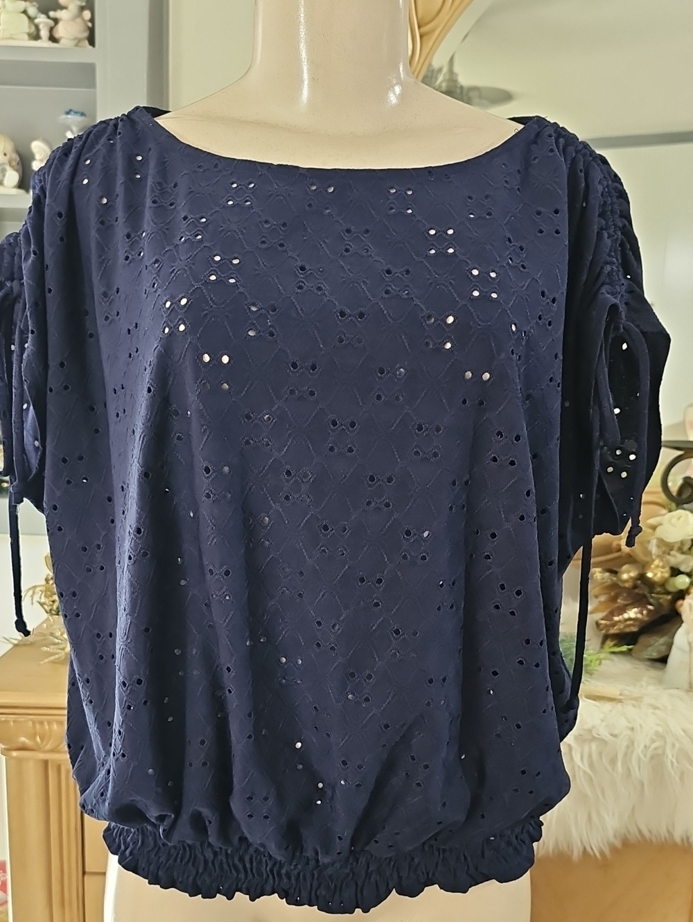Perseption Navy Eyelet Short-Sleeve Blouse - Women's Casual Top XL